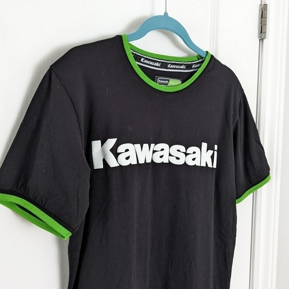 KAWASAKI black t-shirt logo printed greem collar size Medium Large M2 - Picture 6 of 7